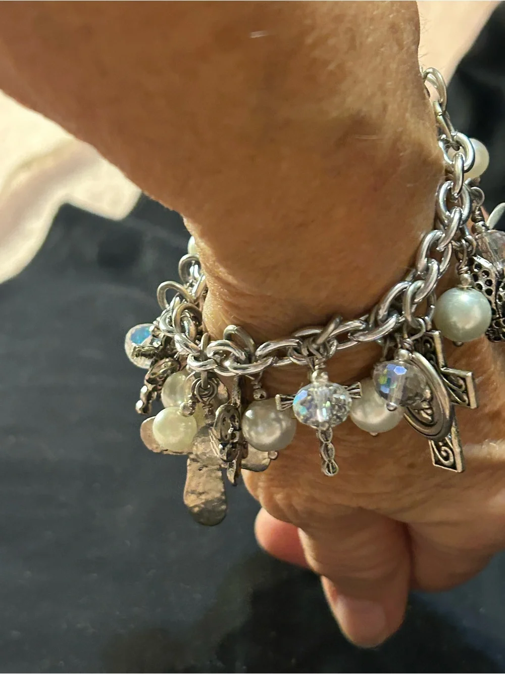 Silver loaded Charm Bracelet with Pearls and Iridescent Beads - Women's Jewelry